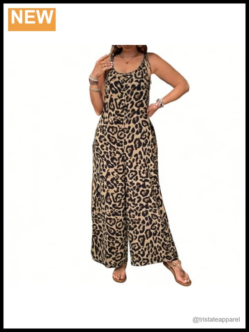 Leopard Print Spaghetti Strap Wide Leg Jumpsuit with Pockets